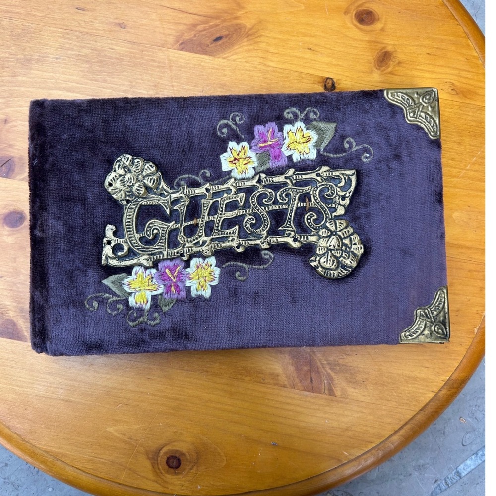 Vintage Guest Book Purple Velvet Brass Victorian Pulp Paper Embroidered Unused